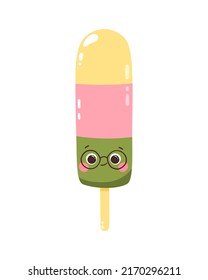 Cute vector character multicolored popsicles on a stick. Cold dessert ice cream. Summer sweetness. Isolated on white background