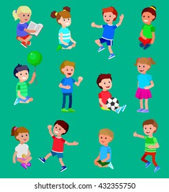 Cute vector character playing with ball, read book . Cheerful child. Happy kid illustration. Detailed character. Vector for Celebration children day, fun 