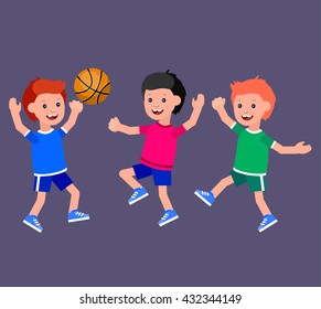 Cute vector character playing basketball, child runs. Cheerful, Happy boy kid illustration. Detailed character