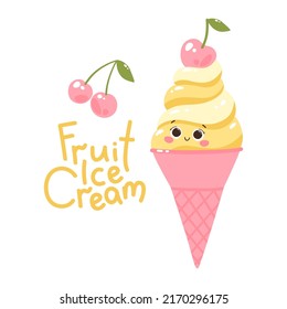 Cute vector character popsicles with cherries in cone. Cold dessert. Summer sweetness. Lettering Fruit ice cream. Isolated on white background