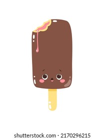 Cute vector character popsicles with chocolate icing on a stick. Cold dessert ice cream. Summer sweetness. Isolated on white background