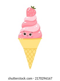 Cute vector character popsicles with strawberries in a cone. Cold dessert ice cream. Summer sweetness. Isolated on white background