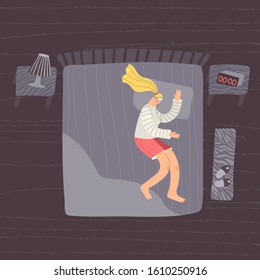 Cute vector character sleeping at night in the bedroom. Woman lying in bed. Stages of sleep, insomnia, sleeping position concept. Flat top view illustration.
