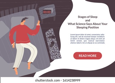 Cute vector character sleeping at night. Man lying in bed. Stages of sleep, insomnia, sleeping position concept banner with place for your text. Flat top view illustration.