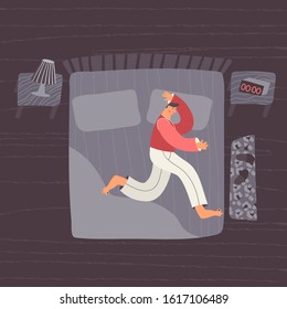 Cute vector character sleeping at night in the bedroom. Man lying in bed. Stages of sleep, insomnia, sleeping position concept. Flat top view illustration.