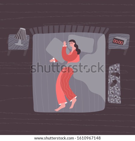 Cute vector character sleeping at night in the bedroom. Woman lying in bed. Stages of sleep, insomnia, sleeping position concept. Flat top view illustration.