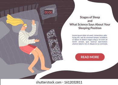 Cute vector character sleeping together at night. Woman lying in bed. Stages of sleep, insomnia, sleeping position concept banner with place for your text. Flat top view illustration.