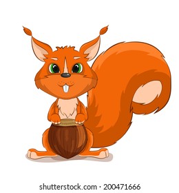 Cute vector character squirrel with nuts isolated on white