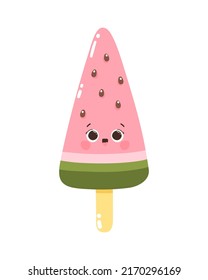 Cute vector character watermelon slice ice cream on a stick. Cold dessert. Summer sweetness. Isolated on white background