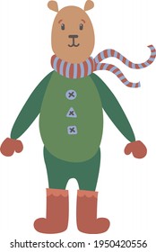 Cute vector character for your design. Brown bear wearing winter costume, scarf, mittens and red boots. Scandinavian style, pleasant festive colors. Christmas character for children gifts and cards.