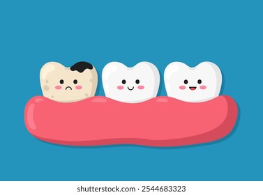 Cute vector characters happy healthy teeth and sad tooth with caries and yellow plague in the gum. Dental care and oral hygiene vector design. Flat illustration isolated on blue background.