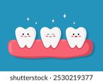 Cute vector characters happy teeth. Healthy human teeth in the gum. Medical and dentistry concept of oral health. Flat illustration isolated on blue background.