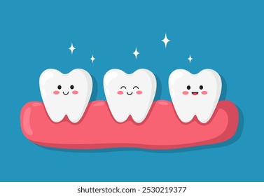 Cute vector characters happy teeth. Healthy human teeth in the gum. Medical and dentistry concept of oral health. Flat illustration isolated on blue background.