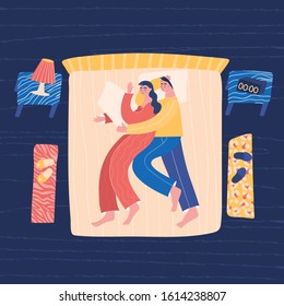 Cute vector characters sleeping together at night. Man and woman lying in bed. Stages of sleep, insomnia, sleeping position concept. Flat top view illustration.