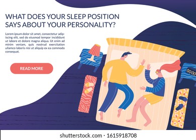 Cute vector characters sleeping together at night. Man and woman lying in bed. Stages of sleep, insomnia, sleeping position concept banner with place for your text. Flat top view illustration.