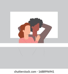 Cute vector characters sleeping together at night. Man and woman lying in bed. Stages of sleep, insomnia, sleeping position concept. Flat top view illustration.