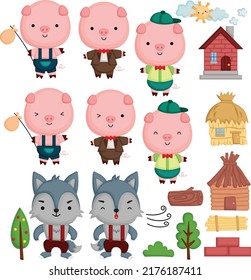 a cute vector characters in three little pigs story