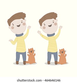 Cute vector characters welcomes you. Friendly boy in yellow sweater and red cat.  