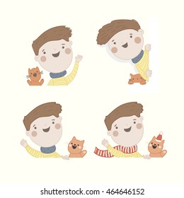 Cute vector characters welcomes you. Friendly boy in yellow sweater and red cat.  