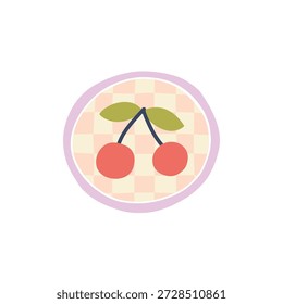 Icono de cerezas de Vector lindo en medallón redondo dibujado a mano con fondo a cuadros rosa. Encanto de fruta de verano aislado en estilo cerámico nativo para la marca de alimentos orgánicos, joyería de arcilla y textil