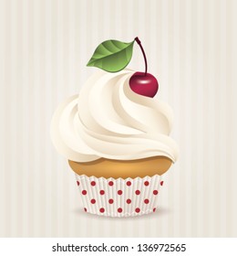 Cute vector cherry cupcake on delicate striped background. Cupcake collection.