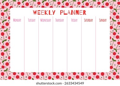 Cute vector cherry weekly planner template with summer fruit background for daily plans and schedules