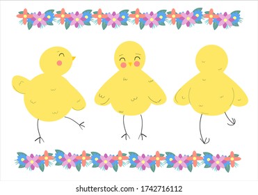 Caracteres de chick vectorial en diferentes posiciones aislados en fondo blanco. Dibujo de dibujos animados infantiles con aves pequeñas.