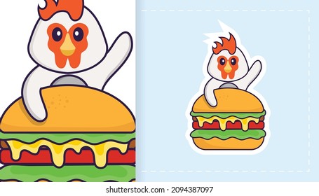 Cute vector chicken. Can be used for stickers, patches, textiles, paper. Vector illustration