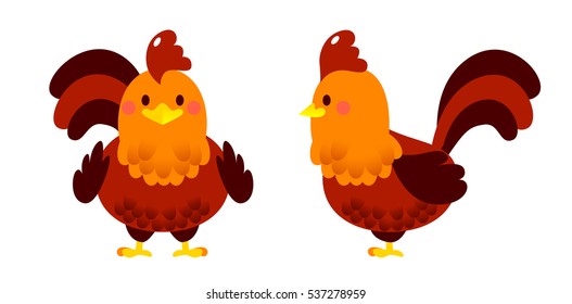 Cute Vector Chicken Character Front view and Side View isolated on White Background.