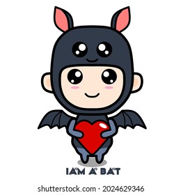 lindo vector de un niño con un disfraz de murciélago sosteniendo un símbolo de amor