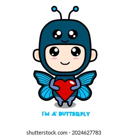 lindo vector de un niño con un disfraz de mariposa sosteniendo un símbolo de amor