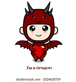 cute vector of a child wearing a dragon costume holding a love symbol