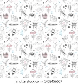 Cute vector childish pattern, funny insects and flowers, snail, spider, caterpillar