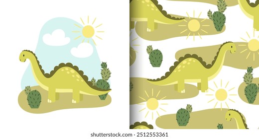 Cute vector childish poster and seamless pattern with dinosaur