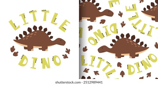 Cute vector childish poster and seamless pattern with stegosaurus