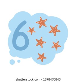 Cute vector children Flashcard number six tracing with 6 sea stars for kids learning to count and to write.