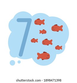 Cute vector children Flashcard number seven tracing with 7 fishes for kids learning to count and to write.