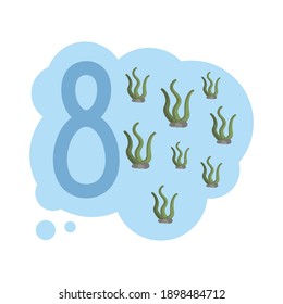 Cute vector children Flashcard number algae  tracing with 8 algae for kids learning to count and to write.