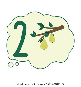 Cute vector children Flashcard number two with 2 pears on a branch. For kids learning to count and write