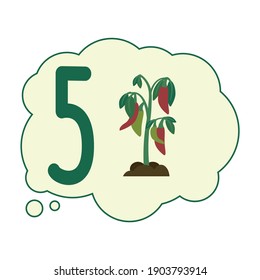 Cute vector children Flashcard number five with 5 peppers on the bush for kids learning to count and write
