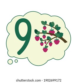 Cute vector children's Flashcard number nine with 9 raspberries on  bush branches. For kids learning to count and write.