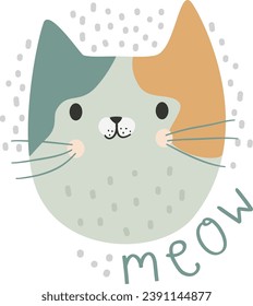 Cute vector children's illustration. Cute cat face, meow inscription 
