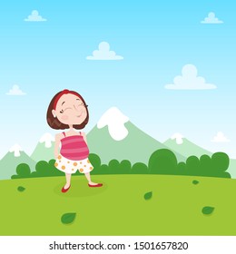 Cute vector children's illustration with a happy little girl in the park. Cartoon style.