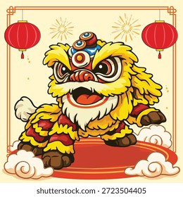Linda ilustración de danza del león chino de Vector con linternas festivas, nubes y fuegos artificiales, perfecta para diseños y decoraciones del Año Nuevo Lunar.