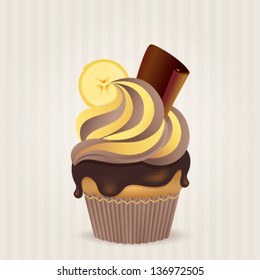 Cute vector chocolate and banana cupcake on delicate striped background. Cupcake collection.