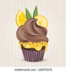 Cute vector chocolate, banana and orange cupcake on delicate striped background. Cupcake collection.