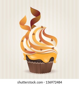 Cute vector chocolate and caramel cupcake on delicate striped background. Cupcake collection.
