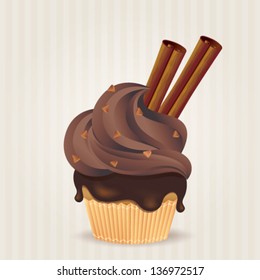 Cute vector chocolate cupcake on delicate striped background. Cupcake collection.