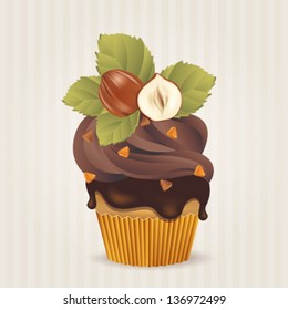 Cute vector chocolate and hazelnut cupcake on delicate striped background. Cupcake collection.