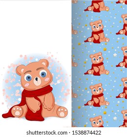 Cute vector  Christmas Bear wearing scarf. White bear with presents and stars. Christmas and new year concept
